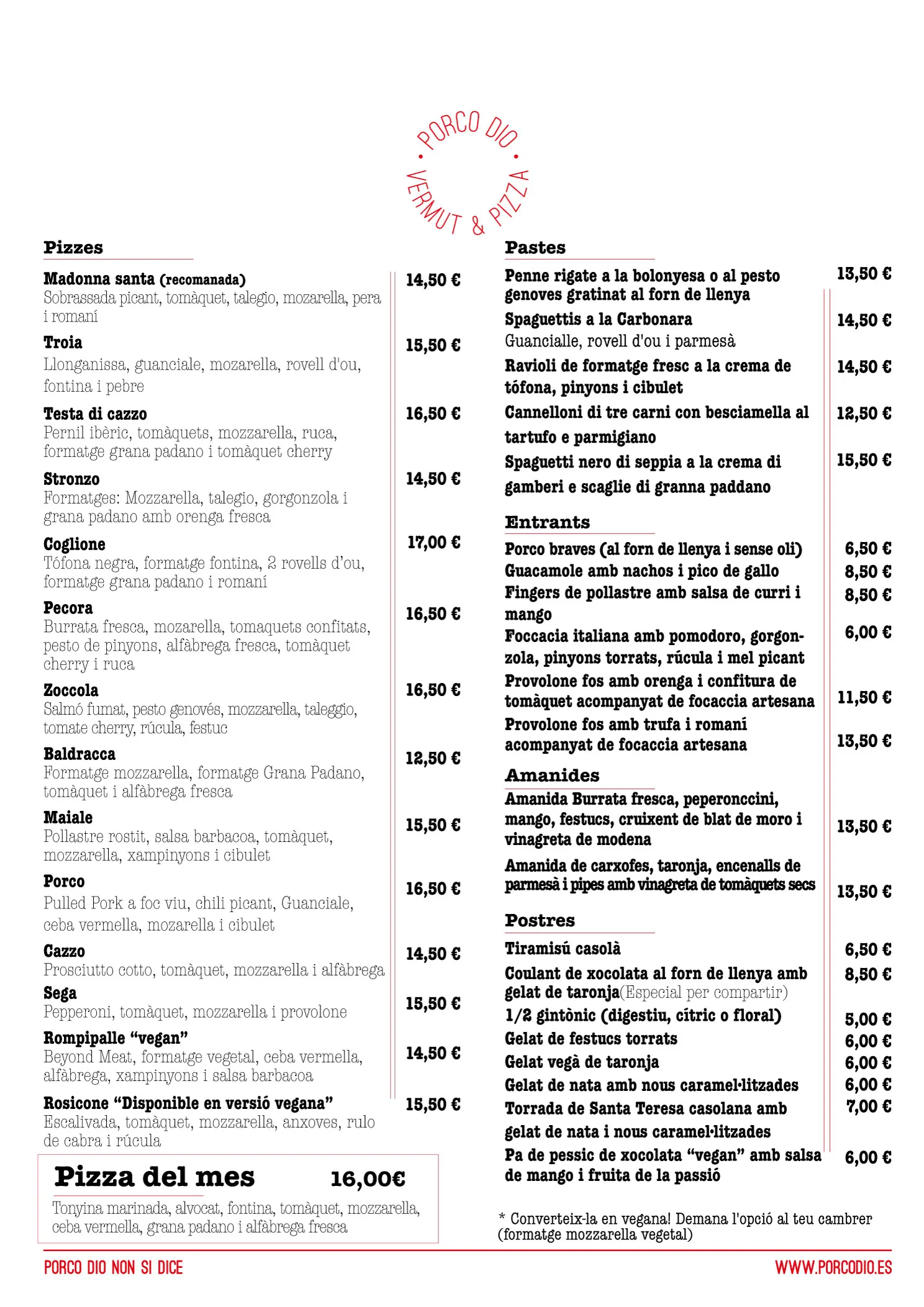 Carta impresa de Porco Dio con pizzas, pastas, entrantes, ensaladas y postres